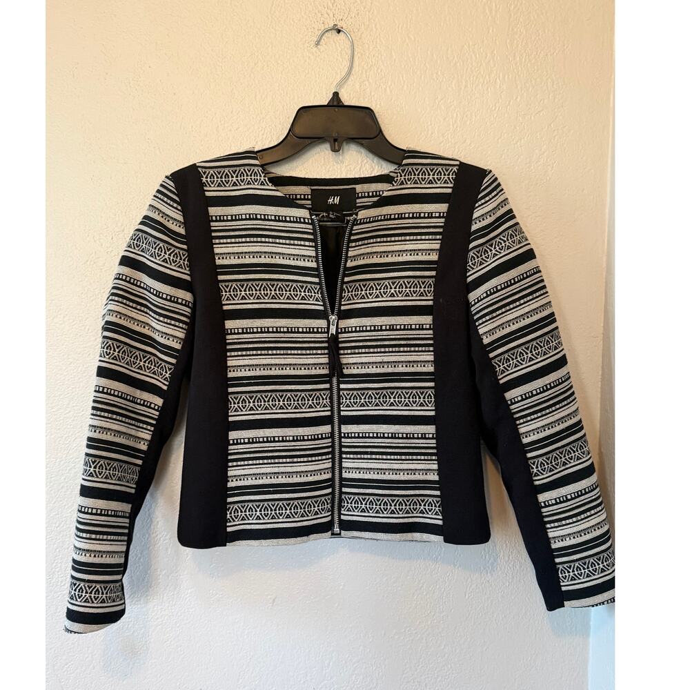 Women's H&M Tribal Print Panel Work Office Short Dress Jacket Blazer Coat Size 6